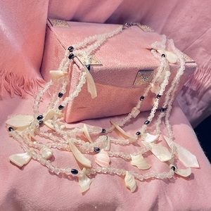 Shell Long Statement Necklace Clear Beads Multi Strand Pink White Womens
